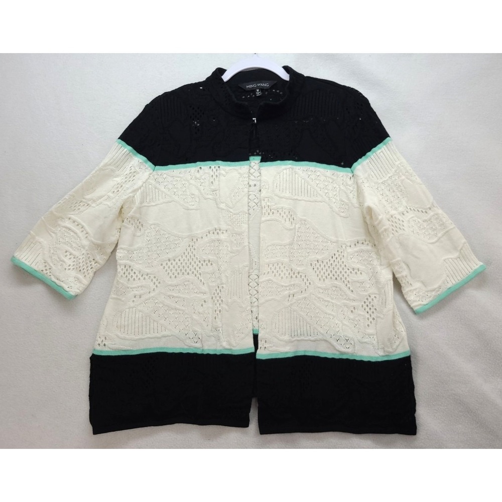 Ming Wang Colorblock Crochet Herb Black White Knit Sweater‎ Blazer M